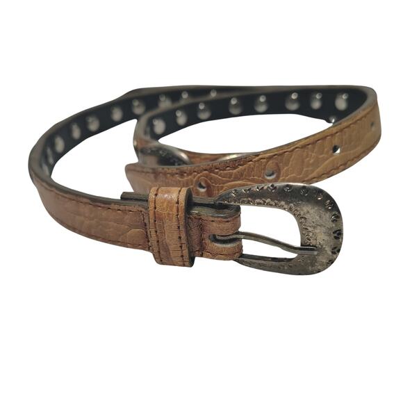 Vintage Tan Western Skinny Concho Belt Silver Tone Rounded Etched Buckle Size L - Picture 5 of 6